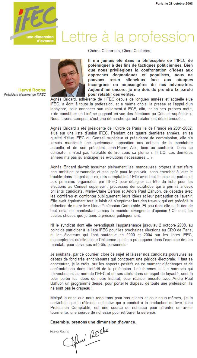 Courrier d'Hervé Roche à la profession du 28 octobre 2008