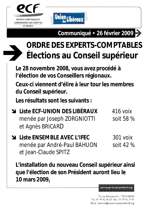 ECF - Union des Libéraux remporte les élections au Conseil Supérieur de l'Ordre des Experts-Comptables